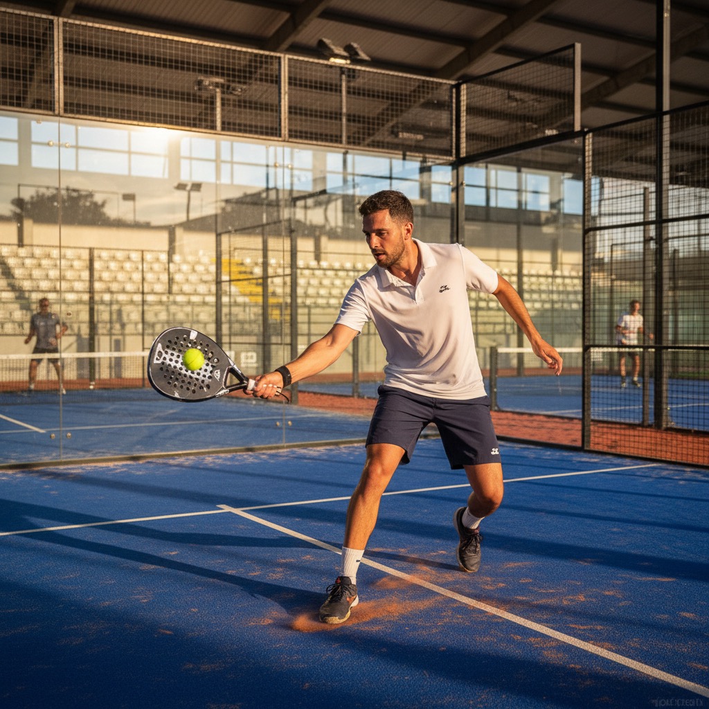 A padel player hitting a forehand shot on an indoor court